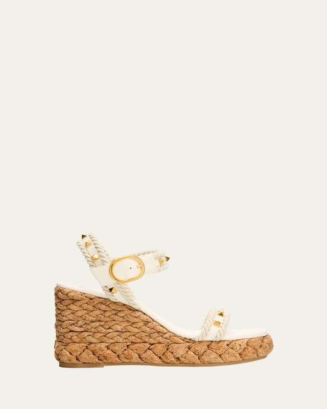 Rockstud Leather Wedge Espadrille Sandals
